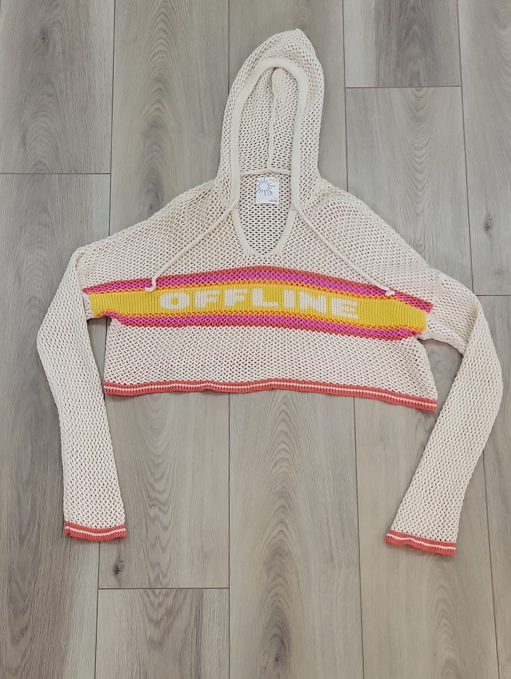 Off-the-Shoulder Crochet Hoodie Sweater in Cream with Yellow & Pink Stripe